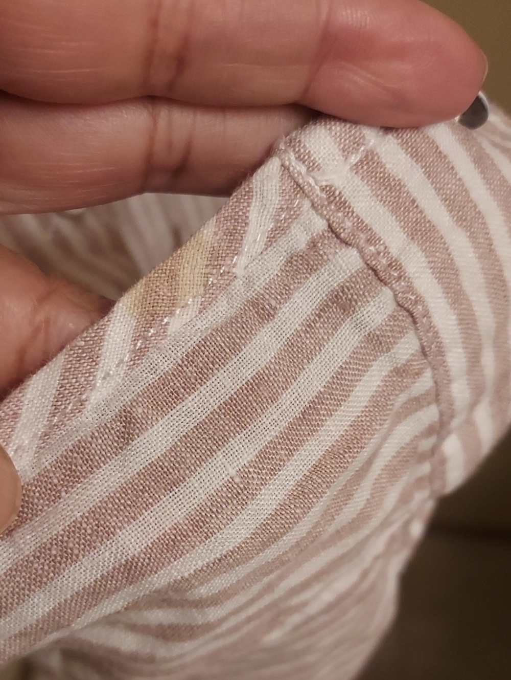 Sigrid Olsen Linen Button-Down Tunic Shirt in Light Tan and White Stripes - Picture 8 of 9